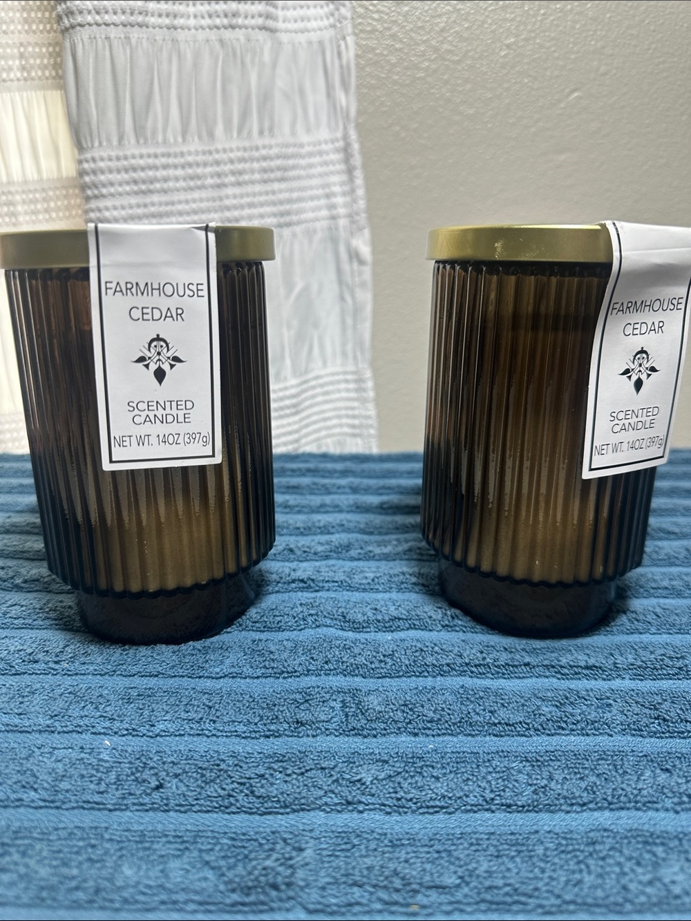2 Farm house cedar Scented Candles - Amber Glass with Gold Lid NWT